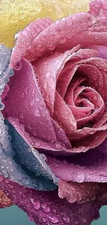 Dew-kissed pink rose with pastel hues.