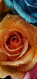 Vibrant roses with dew on colorful petals.