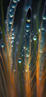 Dew-covered grass blades with vibrant hues.