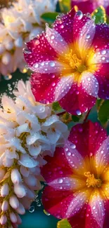 Vibrant flowers with dew drops in a colorful display.