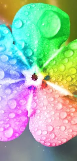 Dewy flower with rainbow petals in vibrant colors.