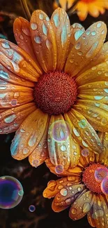 Vibrant orange flowers with dewdrops mobile wallpaper.