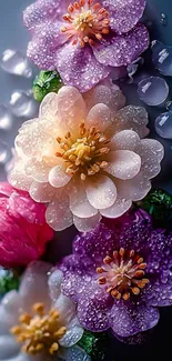 Vibrant dewy flowers with colorful petals.