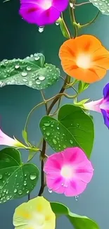 Colorful dewy morning glory flowers on vine.