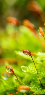 Closeup of vibrant green leaves with dewdrops on a mobile wallpaper.