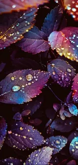 Vibrant leaves with dewdrops in rich colors on cellphone wallpaper.