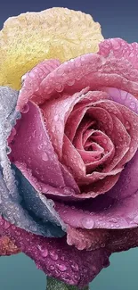 Close-up of a vibrant multicolored rose with dewdrops on petals.