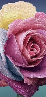 Dewy multicolor rose with vibrant pastel hues and water droplets on petals.