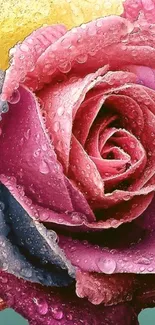 Close-up of a vibrant, dewy rose with pink, purple, and yellow petals.