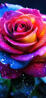 Vibrant rainbow rose with dewdrops on petals.