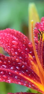 Close-up of a red flower with dewdrops on petals.