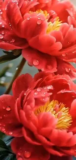Vibrant red flowers with dewdrops on petals.
