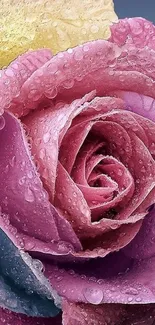 Close-up of a vibrant, dewy rose with pink, yellow, and blue petals.