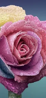 Multicolored rose with dew droplets in a vibrant floral design.