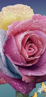 Colorful dewy rose wallpaper with multicolored petals and droplets.