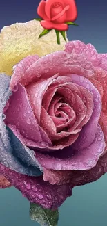 Vibrant dewy rose with colorful petals and water droplets.