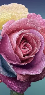 Close-up of a vibrant, dewy multicolored rose, ideal for mobile wallpaper.