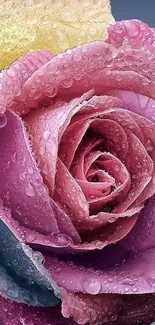 Colorful rose with dewdrops on mobile wallpaper.