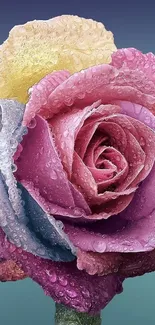 Multicolored dewy rose close-up with vibrant petals as mobile wallpaper.