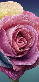 Close-up of a dew-covered multicolored rose.