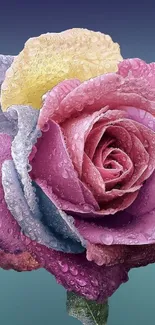 Vibrant multicolored rose with dew drops, perfect phone wallpaper.