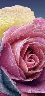 Colorful dewy rose with droplets in vibrant detail.