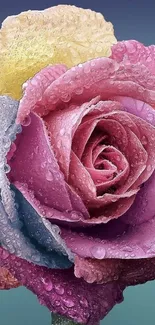 Vibrant close-up of a dewy multicolor rose with water droplets.