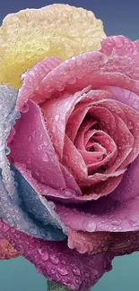 Vibrant multicolored rose with dewdrops