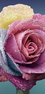 Vibrant multicolor rose with dewdrops on petals.