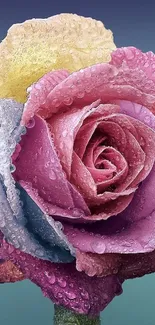 Close-up of a vibrant, dewy, multicolored rose against a gradient background.