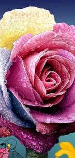 Colorful rose with dew drops on petals.