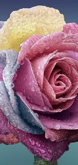 Dewy multicolored rose with vibrant petals.