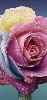 Colorful rose with dewdrops and rainbow petals.