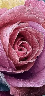 Pink rose with water droplets, vibrant floral wallpaper.