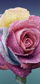 Multicolored rose with dewdrops on petals and a gradient background.