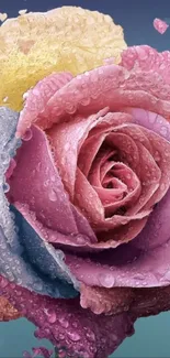 Dewy colorful rose with vibrant petals and water droplets.