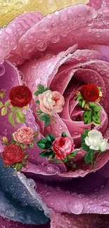 Vibrant wallpaper featuring dewy roses in a colorful artistic design.