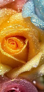 Dew-covered vibrant roses in yellow, pink, and blue hues.