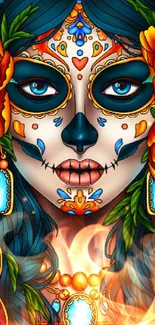 Colorful Dia de los Muertos mobile wallpaper featuring floral patterns.