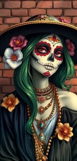 Dia de los Muertos Catrina with vibrant colors and floral decor.