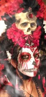 Colorful Dia de los Muertos skull face paint with floral headpiece.