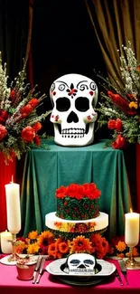 Vibrant Dia de los Muertos setup with skull and flowers.