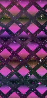 Colorful geometric wallpaper with pink diamonds and galaxy theme.