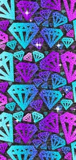 Vibrant turquoise and purple diamond pattern wallpaper.