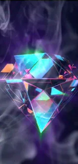 Vibrant prismatic diamond with smoke effect on dark background.