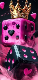Colorful pink dice with a gold crown.