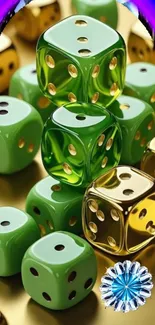 Green and gold dice with vibrant rainbow.