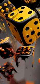 Vivid yellow and black dice with splashes of color in dynamic motion.