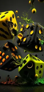 Vibrant dice in black and yellow with dynamic splashes.