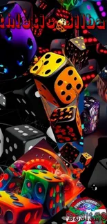 Vibrant colorful dice cascade over a dark background.